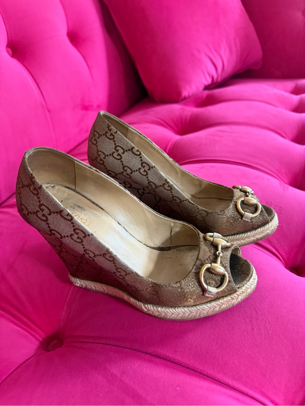 Gucci Brown Monogram Wedge Peep-Toe with Gold Horsebit